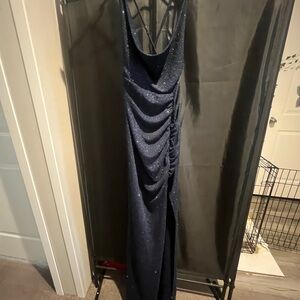 Windsor Blue Asymmetrical Ruched Maxi Dress